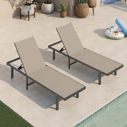 Oasbira Pool Lounge Chairs Set of 2, Aluminum with Wheels, Khaki