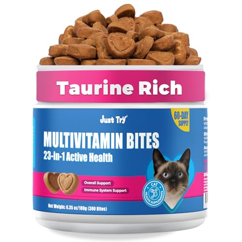 Just Try 23 in 1 Taurine for Cats Vitamins Treats with L-Lysine for Immune Joint Support Skin & Coat & Heart Health - Multivitamin HIV Omega 3 Biotin Supplements for Indoor & Senior Cat - 300 Bites