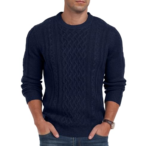 Hisir Suéter de punto trenzado para hombre, cuello redondo, grueso, cálido, de manga larga, para hombre, Reino Unido, azul marino, XL
