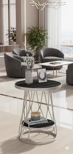 Image of Modern Side Table Corners Living Room Square Table Double Tier Sofa Side Table,Round Base Coffee Table,Portable Bedroom Nightstands Small Space (Black Grey)