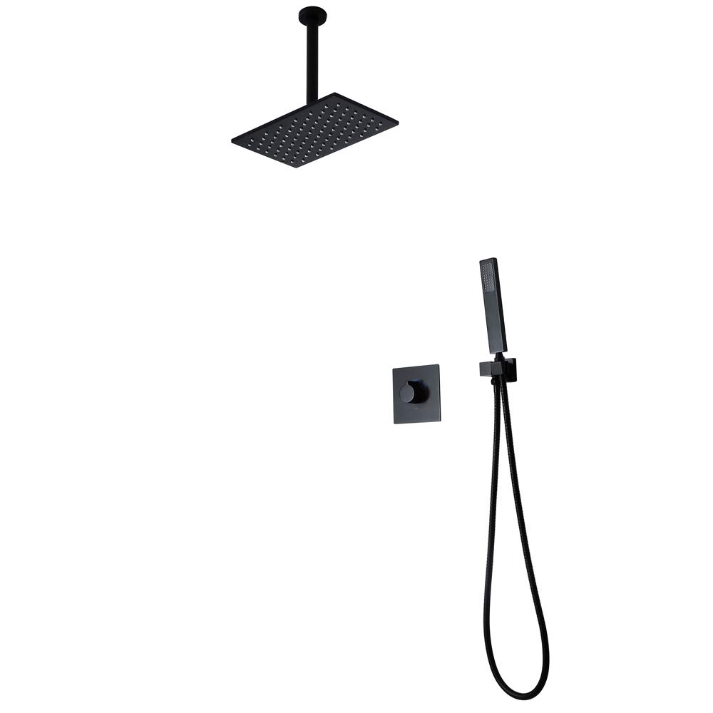 Conjunto de ducha empotrable negro con barra de techo de 280 mm y rociador de acero