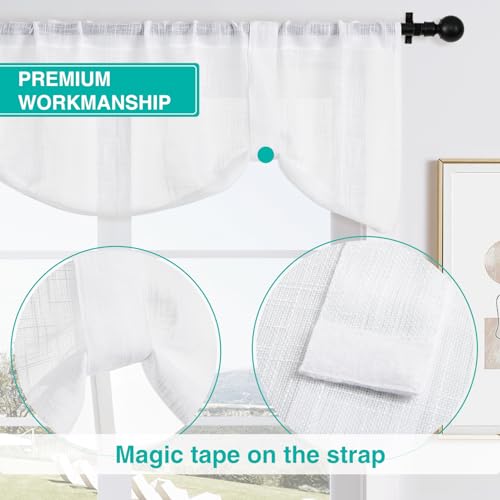 Home Queen White Semi Sheer Tie Up Curtain Valances, Linen Textured, Rod Pocket Balloon Window Topper for Living Room, 54 X 20 Inch, 4 Pieces — view 4