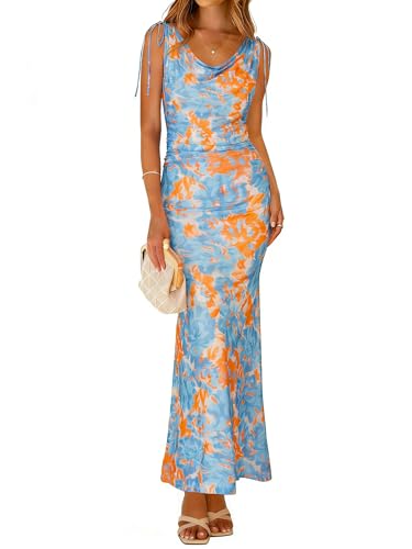 Simplee Womens Summer Wedding Guest Dress Off The Shoulder Floral Formal Cocktail Maxi Dress Spring Backless Bodycon Dresses (Blue Orange Floral L)