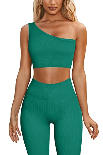 Qinsen 2 Pieces Workout Sets For Women One Shoulder Ribbed Sport Bra Seamless High Waist Leggings Gmy Exercise Outfits Green L #TOP27