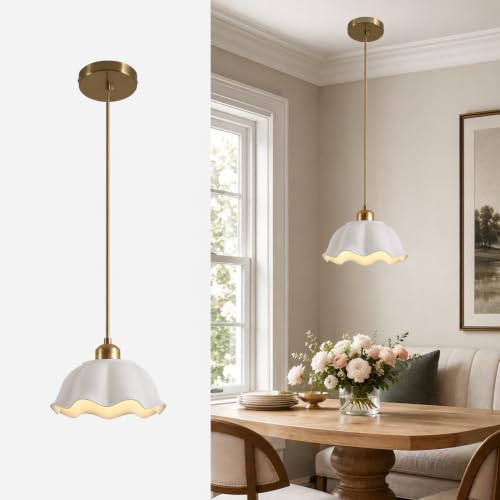 Image of Ceramic Pendant Light Nordic Vintage Mid Century Modern Hanging Lamp White Wave Ceramic Shade Brass Finish Ceiling Pendant Light for Bedside Dining Room Kitchen Island