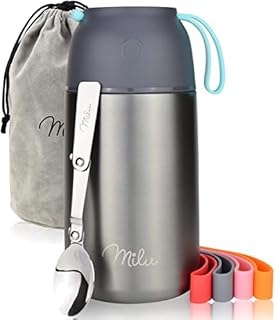 Milu® Thermo Food Flask - 450, 650, 800ml - Stainless Steel Insulated Container - Lunchbox - Jar with Spoon for hot and Cold Food (Grey, 450ml)