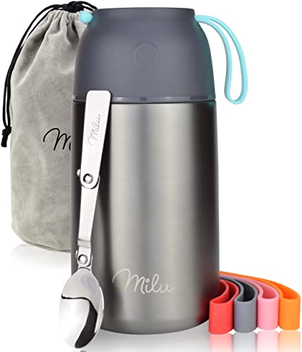 Milu Boîtes Alimentaires Isothermes 450ml I 650ml I 800ml, Boîte Isotherme Repas Chaud Porte-Aliments en Acier Inoxydable à Double Couche, Cuillère Pliante pour Ecole, Bureau (800ml/Gris) Cover