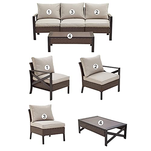 Festival Depot 4 Pieces Patio Furniture Set All-Weather Rattan Wicker Metal Frame Sofa Chair Outdoor Conversation Set Sectional Armrest Couch With Cushions And Coffee Table For Deck Poolside #TOP4