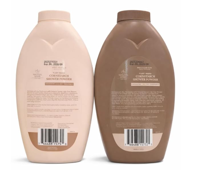 Natural Sense Plant-Based Cornstarch Shower Powder, Soft Vanilla and Brazilian Sun, 2 Pack