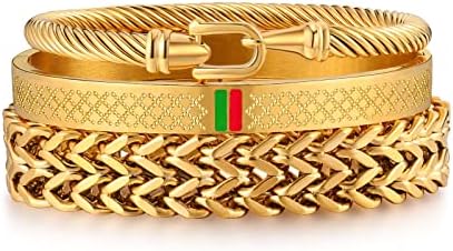 FUNEIA 3PCS Gold Bracelet for Men Stainless Steel Mens Cuff Bracelet Twisted Cable Bracelet Roman Numeral Bangle Bracelet Luxury Bracelets Jewelry Gifts (9:GOLD)