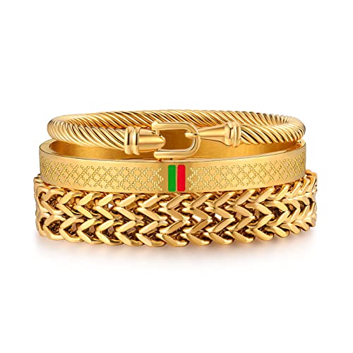 Funeia 3Pcs Gold Bracelet For Men Stainless Steel Mens Cuff Bracelet Twisted Cable Bracelet Roman Numeral Bangle Bracelet Luxury Bracelets Jewelry Gifts (9:Gold) #TOP9