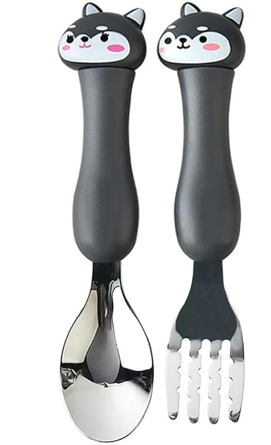 Image of Bekner Kids Cutlery Set, Stainless Steel Spoon and Fork with Animal Design Handles, 14.7 cm, Multicolor, Pack of 2 (Black)