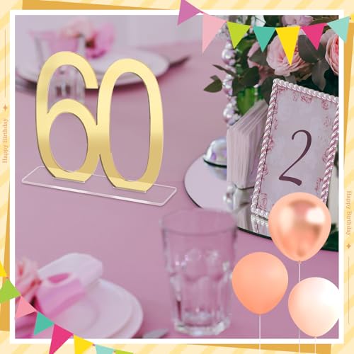 Image of Threehoney 12 Pcs Mirror Gold 60th Birthday Decorations for Men and Women Acrylic Anniversary Decorations Table Numbers Centerpieces for Birthday Party