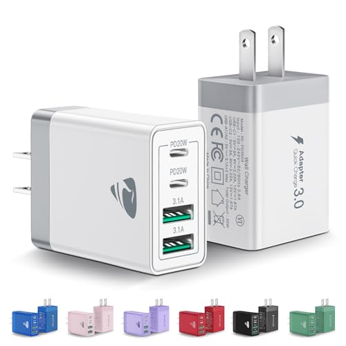 [2-Pack] USB C Wall Charger, 40W Fast USB C Charger Block, 4-Port PD Power Adapter + QC Wall Plug Multiport Type C Charging Block Cube Compatible with iPhone 16...