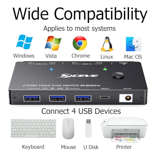 Image of KCEVE KVM Switch 2 Computer 1 Monitor HDMI, KVM Switch 2 Port 8K@60Hz 4K@120Hz, HDMI2.1, HDCP 2.3, HDR 10, 2 Computers Share 1 Monitor Keyboard Mouse, Wired Remote(8K HDMI 2 in 1 Out KVM)