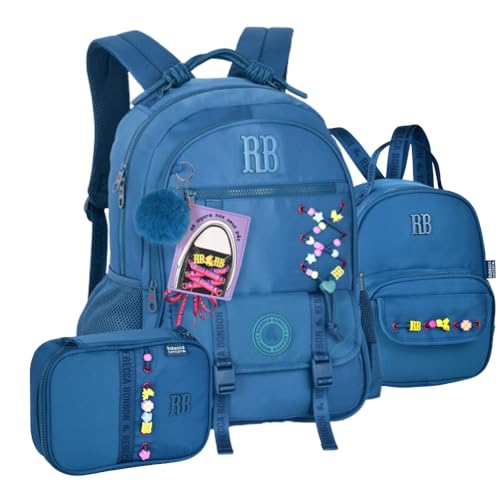 Kit Mochila de Costas RB Rebecca Bonbon Beaded Fun com Estojo Box e Lancheira 2x1 (AZUL)