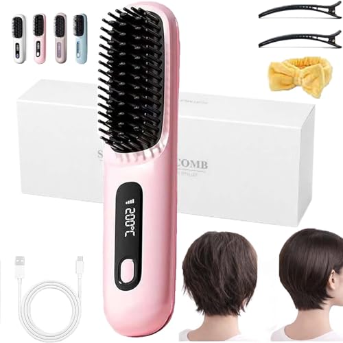 2026 New Brosse Chauffante Pour Cheveux Courts,Portable Straightener Brush For Short Hair Styling Tools,Usb Rechargeable,3 Heat Settings & Led Screen For All...