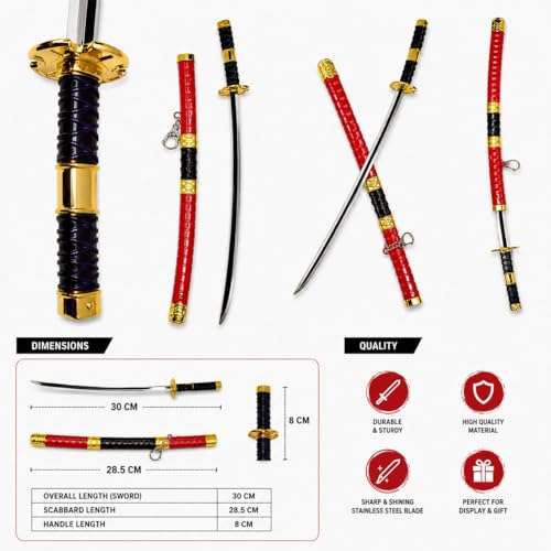 Image of Anime Katana Sword, Demon Slayer Inspired Cosplay Prop, Stainless Steel Blade, Gold Finish, 30 cm (Black & Red)