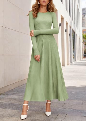 KIRUNDO Women Sweater Dress Holiday Ribbed Knit Long Sleeve Slimming Maxi Dress Fall Pleated Elegant A Line Winter Dresses(Light Green, Large) — view 4