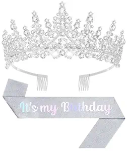 Birthday Tiara and Crown with Sash, Birthday Tiara for Women Birthday Party (Silver)