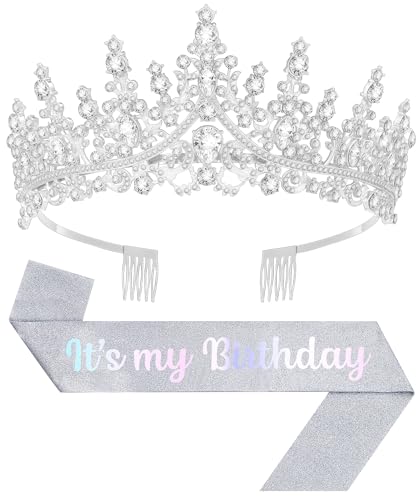 Birthday Tiara and Crown with Sash, Birthday Tiara for Women Birthday Party (Silver)