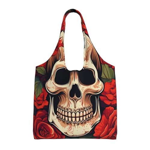 Canvas Tote Bag for Women Shoulder Tote Purse Reusable Grocery Bag Sugar Skull Rose Aesthetic Shopping Bags