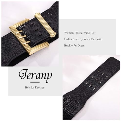 Women Elastic Wide Belt Square Gold Buckle Belts for Dresses Stretchy Ladies Waist Belt3