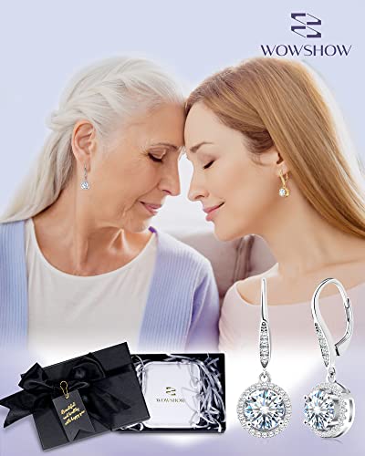 Wowshow Moissanite Earrings, Leverback Earrings For Women 925 Sterling Silver 3Ct Moissanite Diamond Dangle Drop Earrings Round Halo White Gold Plated For Girls Birthday Wedding Mothers Day Gifts #TOP2