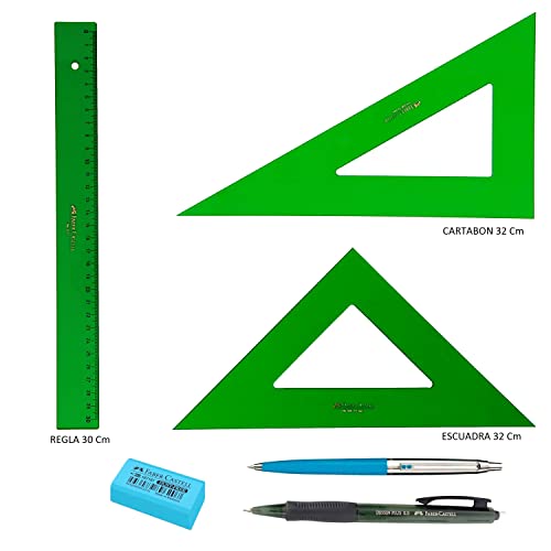 PACK LOTE Faber Castell Técnico - Regla 813-30 Cms + Escuadra 566-32 Cms + Cartabón 666-32 Cms + REGALO