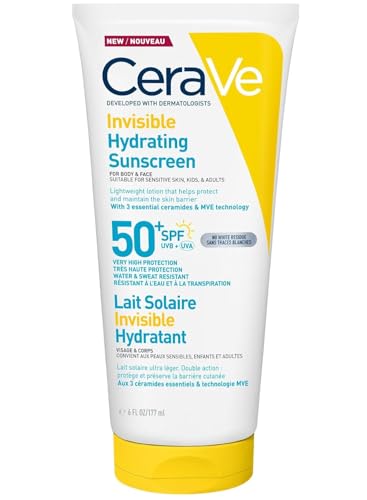 CeraVe Invisible Hydrating Sunscreen SPF 50+, Broad Spectrum UVB UVA Protection, With 3 Essential Ceramides, MVE Technology, Body and Face, For Sensitive Skin, Kids & Adults, Water Resistant, 177ml