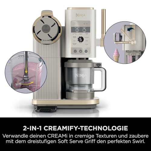 Ninja CREAMi Scoop & Swirl Eismaschine mit 2 Behältern, 13 Funktionen, für Eiscreme, Softeis, Gelato, Sorbet, Milchshakes und mehr, mit Mix-In-Funktion, Stone Gold NC701EUSTGD