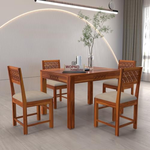Image of Solid Sheesham Wood 4 Seater Large Dining Table Set with Cushioned Chairs for Dining Room | Living Room | Home & Office | Hotels Restaurant & Cafe (4 Seater Large, Honey Finish)