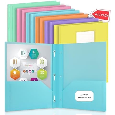 12 Pack 2 Pocket Folders with Prongs,with Business Card on Front Cover,Plastic Colored File Foders with Brads,Fit Letter Size Paper,for Home/Work School Supplies Cover