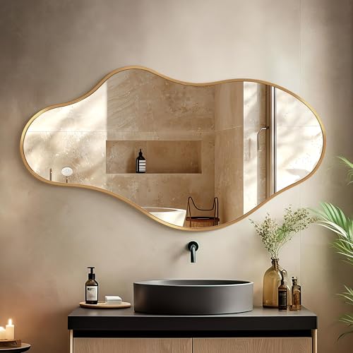 Fahomiss Asymmetrical Wall Mirror, 50 * 110 Gold Irregular Abstract Shatter-Proof Aluminum Alloy Decorative Wavy Framed Mirrors for Bathroom, Bedroom, Cloakroom, Entryway