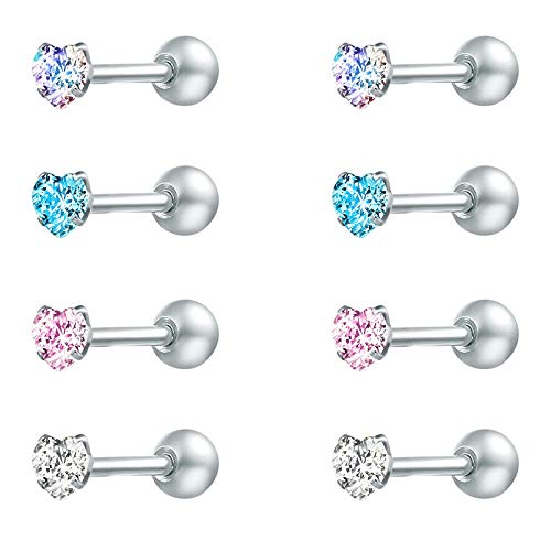 Zs 4 Pairs Shiny Cubic Zirconia Surgical Steel Stud Earrings Tragus Helix Conch Piercing Cartilage Sets (Heart,Stone:3Mm) #TOP13