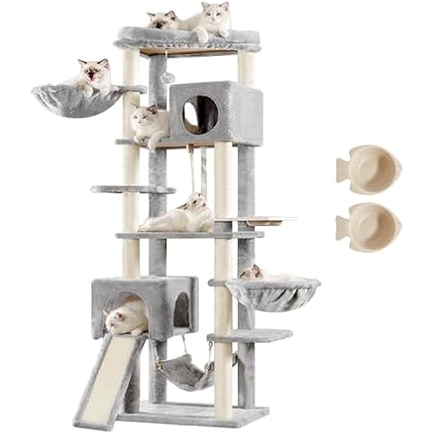 Hey-brother Cat Tree, 70.8 Inches Multi-Level Cat Tree Tower for Large Cats, Heavy Duty Cat Tower with Cat Condo,Baskets, Cat Scratching Posts, Big Hammock and Food Bowls, Light Gray MPJ036W Cover