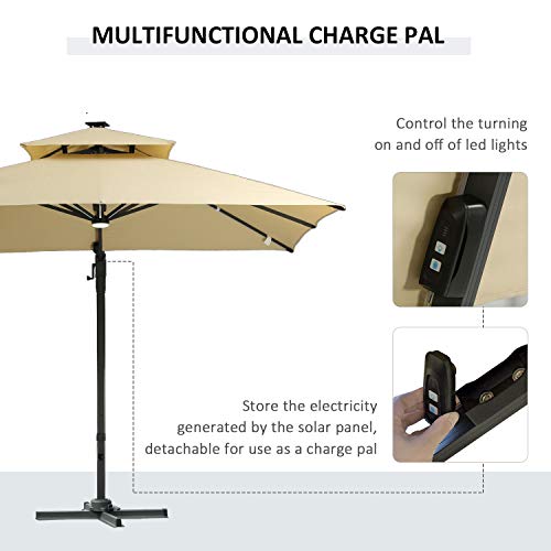 Outsunny 10Ft Cantilever Patio Umbrella With Solar Led Lights, Double Top Square Outdoor Offset Umbrella With 360° Rotation, 4-Position Tilt, Crank & Cross Base For Garden, Deck, Pool, Beige #TOP6