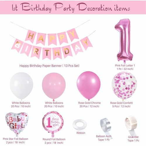 Image of Baby Girl 1st Happy Birthday Foil Balloon Set - 86 Pcs Party Decorations and Celebrations | Happy Birthday Decoration kit | Perfect for Creating a Memorable and Beautiful Party Atmosphere