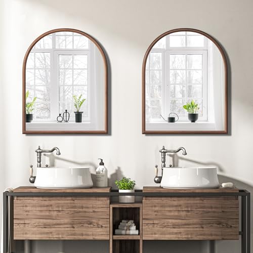 Image of 28 inchx32 inch Arch Wall Mirror for Wall, Wall Mounted Vanity Mirror for Bedroom, Wood Grain Finish Frame Mirror with Tempered Glass, Vintage Decorative for Bathroom, Entryway, Living Room, Walnut