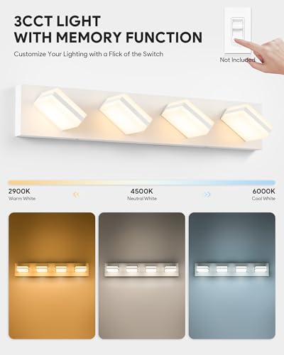 Image of VONLUCE Bathroom Vanity Light Fixture, 4-Light Modern LED Vanity Light, 3CCT Adjustable Bathroom Lights with Memory Function Rotatable Shades, 26 inch Wall Lighting Fixture Over Mirror, Matte White