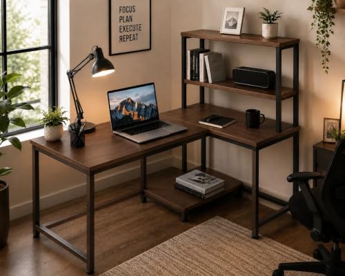 Image of Reversible L Shaped Computer Table with Storage Shelves | Rustic Brown Wooden Study Desk with Black Matte Metal Frame | Home Office Workstation | Writing Desk for Laptop & PC| 130x50x150 cm