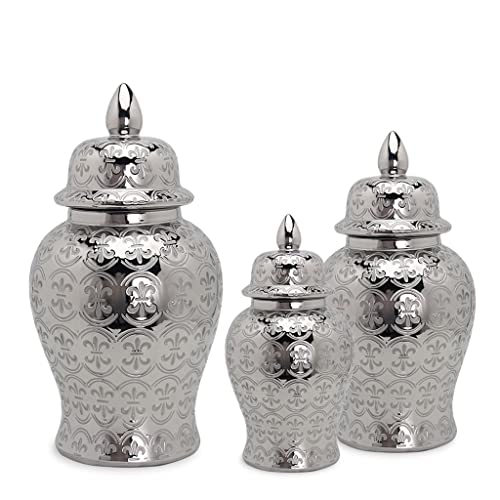 Robmet Silver Ginger Jars With Lid, Handcrafted And Hand Painted Decorative Ceramic Jar Vase For Home Decor，Carved Patterned Temple Jar (Size : Large) #TOP1