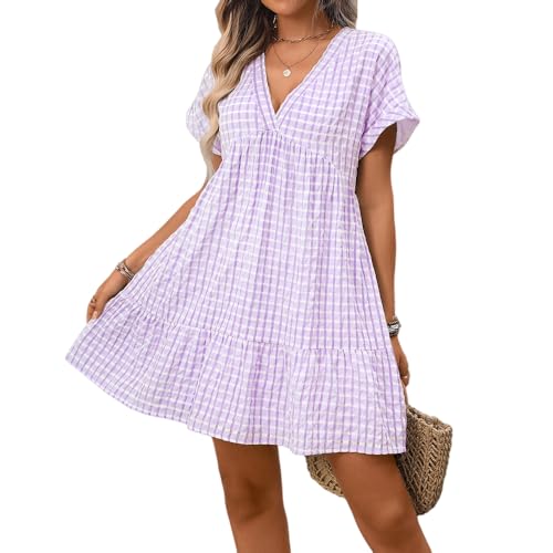 LCDIUDIU Robe Vichy pour Femme, Robe Courte Fluide À Col V Et Manches Retroussées, Coupe Trapèze, Idéale pour L'Été, La Plage Ou Une Soirée, Violette,...