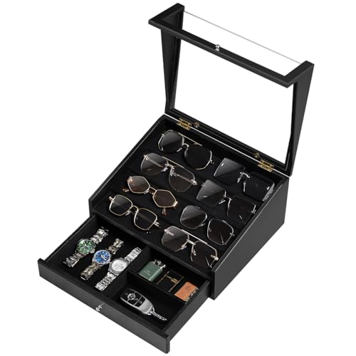 Yoimori Sunglasses Organizer for 14 Pairs, Large Wooden Sunglass Organizer for Women Men, Multiple Pairs of Sunglasses Glasses Holder Storage Display Case with Clear Lid & Drawer (Black)