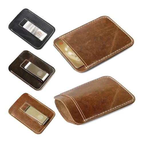 Men Credit Card Slot Slim Bills Metal Cash Clamp Thin Genuine Leather Money Clip Mini Wallet for Man Small Billfold Holder(Brown)2