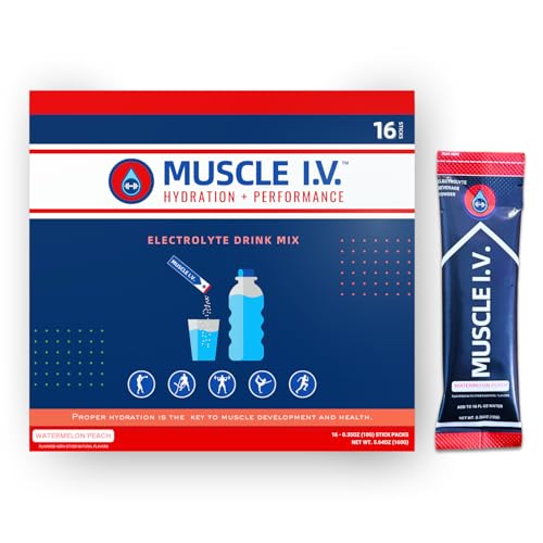 Muscle I.V.® Hydration Electrolyte Drink Mix - Watermelon Peach - 16 Easy Open Single Serve Powder Sticks | Caffeine Free | Gluten Free | Soy Free | Non-GMO | 100% Vegan