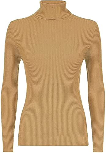 Womens Polo Turtle High Roll Neck Plain Ribbed Long Sleeve Ladies Stretch T-Shirt Top (16-18, Camel)