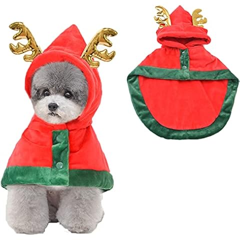 ANIAC Pet Christmas Costume Puppy Xmas Cloak with Antler Cat Santa Cape with Xmas Cap Party Cosplay Dress for Cats and Small Medium Dog (Medium, Red) Cover