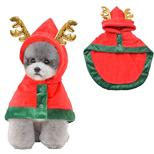 ANIAC Haustier Weihnachten Kostüm Welpe Weihnachtsumhang mit Geweih Katze Santa Umhang mit Xmas Cap Party Cosplay Kleid für Katzen und kleine mittelgroße Hunde (Medium, Rot) Cover