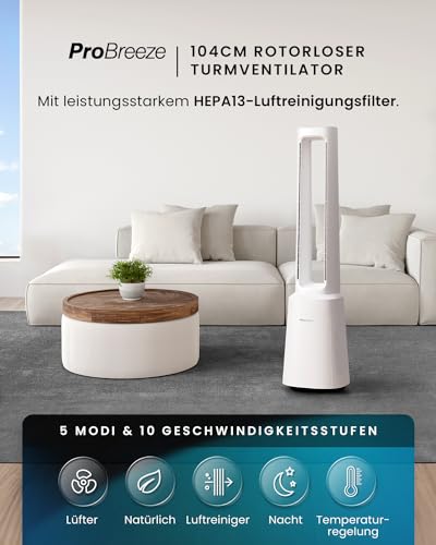 Pro Breeze OmniAir 105cm rotorloser Ventilator mit Luftreiniger - Ventilator oszillierend 75° - Fernbedienung, HEPA 13 Filter, LED Display, 10 Geschwindigkeiten - Turmventilator sehr leise, 5 Modi 2